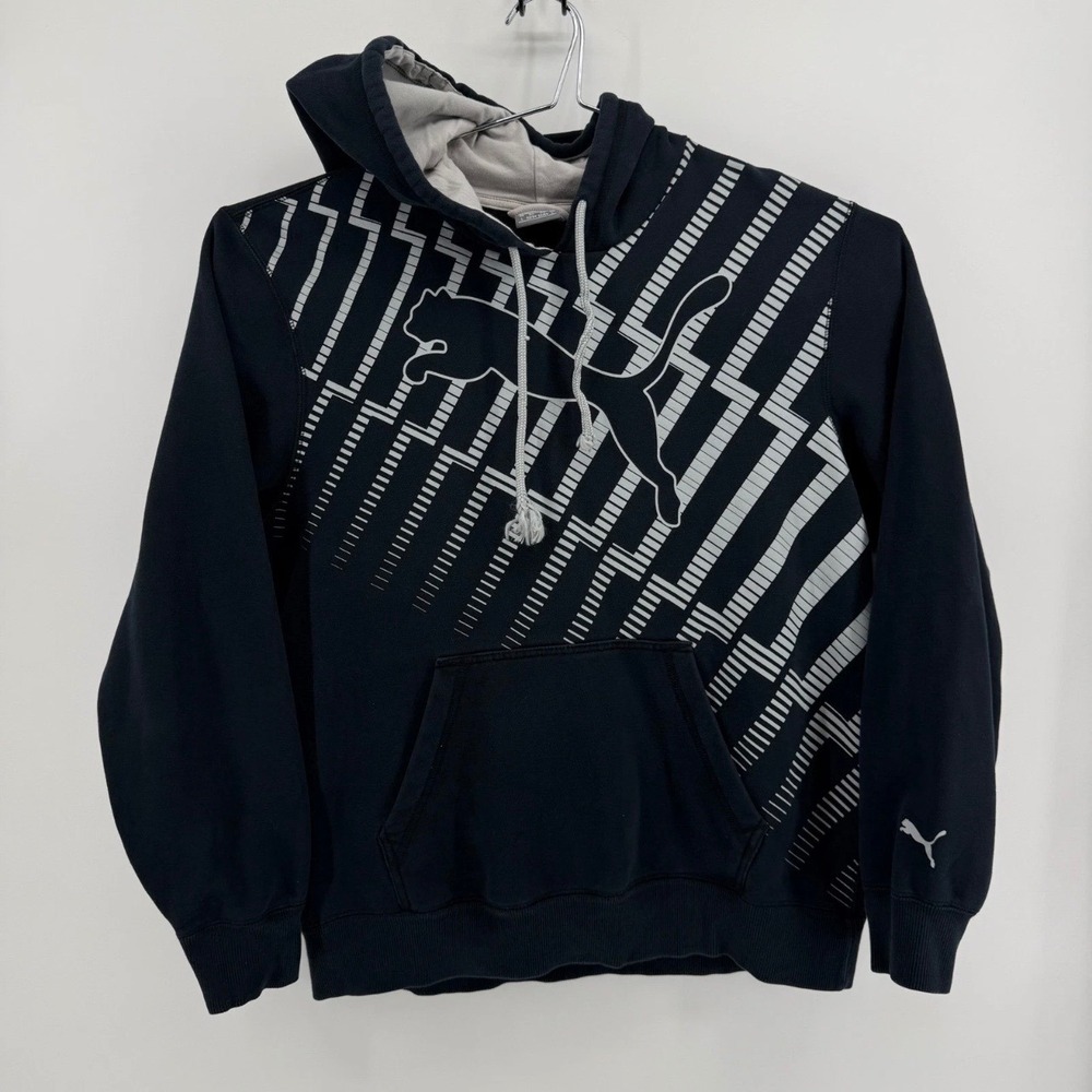 Puma Hoodie Mens L Graphic Cat Logo Cotton Blend Black Geometric Pattern